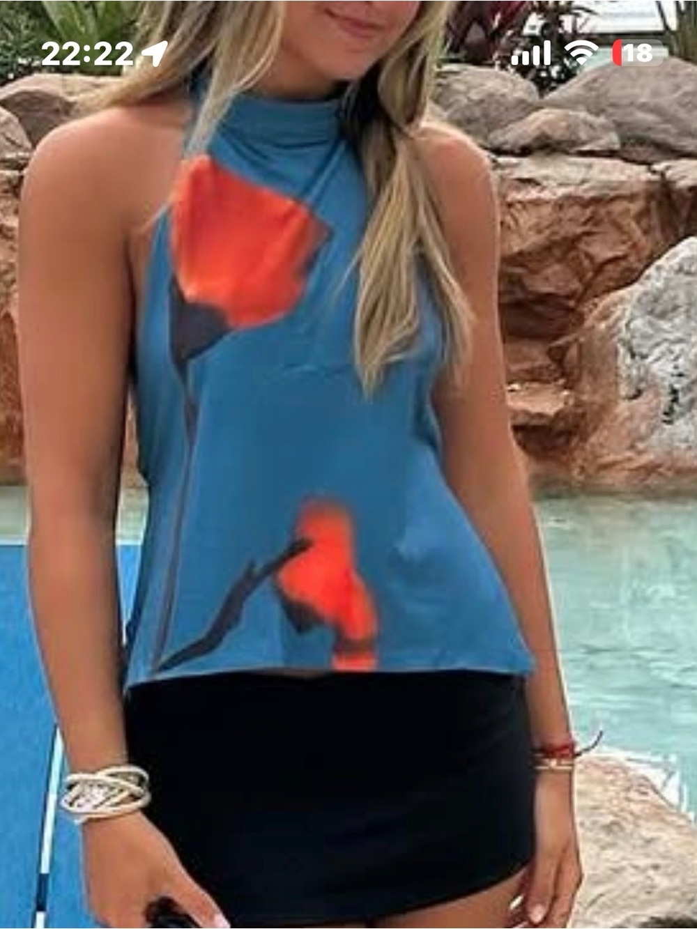Sleeveless Blue Floral Halter Top - Blue with Red Floral Print